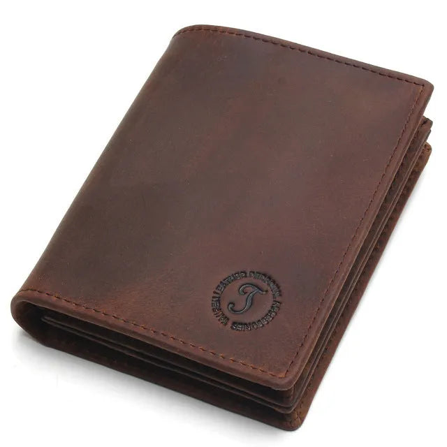 Genuine leather short vertical anti-theft swiping men's wallet in brown with saddle stitching