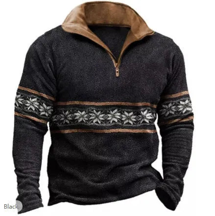 Man wearing a loose-fit long sleeve t-shirt with retro stripe print and zipper details, suitable for golf.