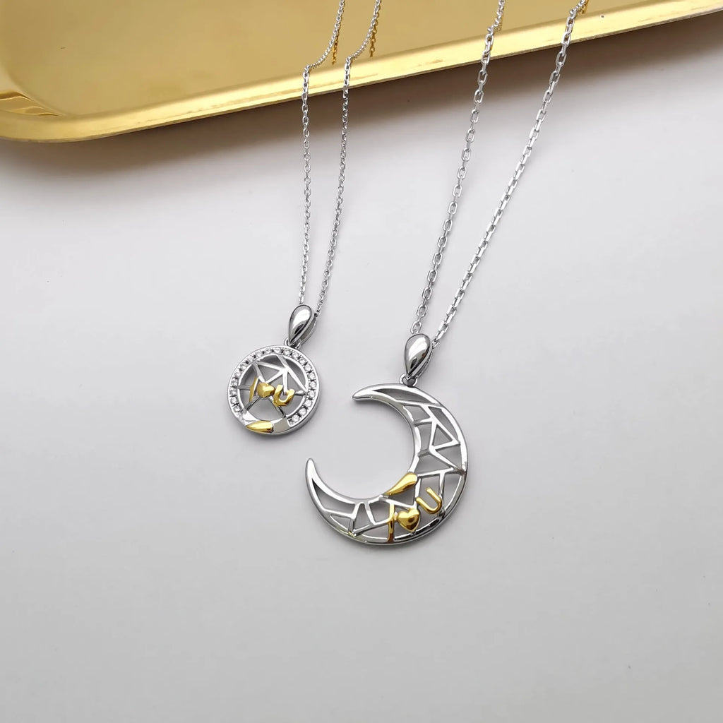 Copper sun and moon couple necklace with cross chain for him and her.