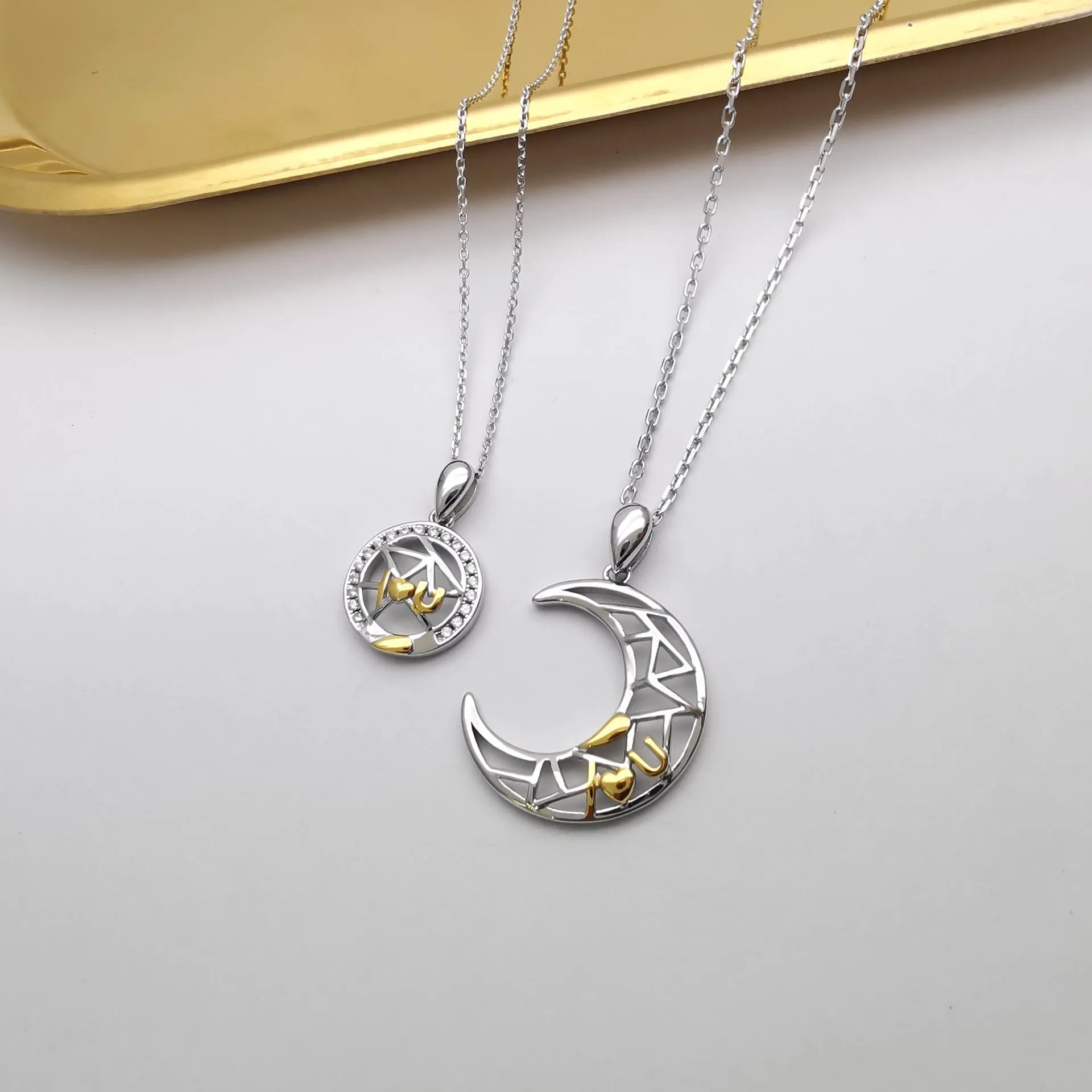 Copper sun and moon couple necklace with cross chain for him and her.