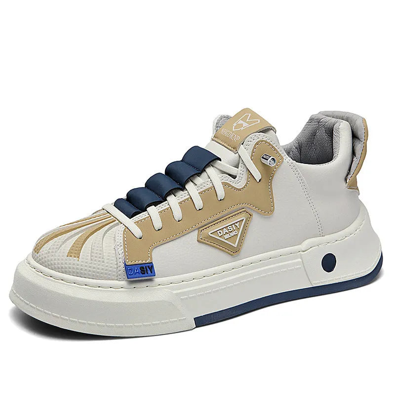 Men's beige low-top casual sneakers with an elastic band fastener and round toe.