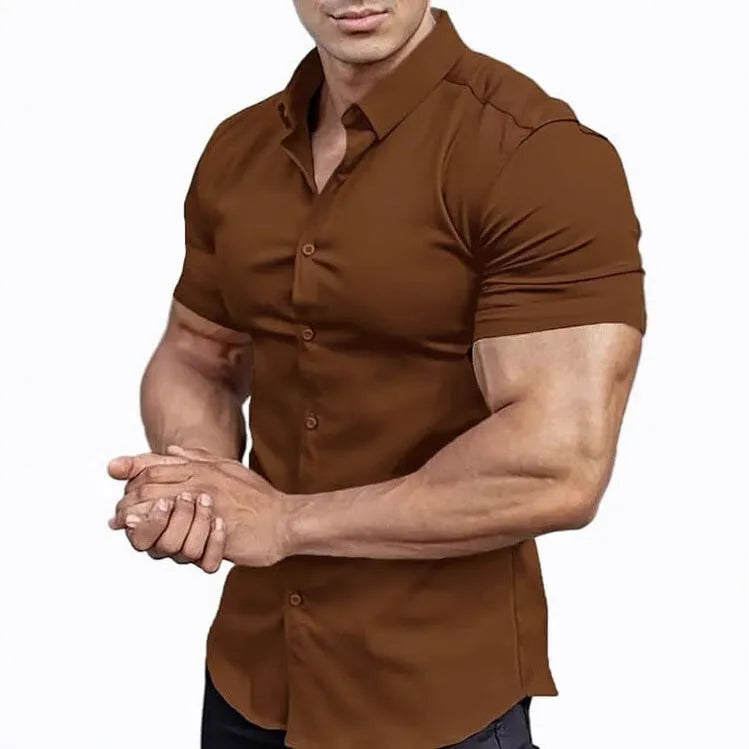 Men's casual short sleeve printed shirt with collar in cardigan style, available in multiple colours.