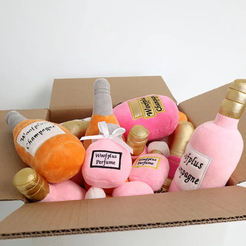 Soft plush wine bottle pet toy for dogs and cats in multiple colour variations