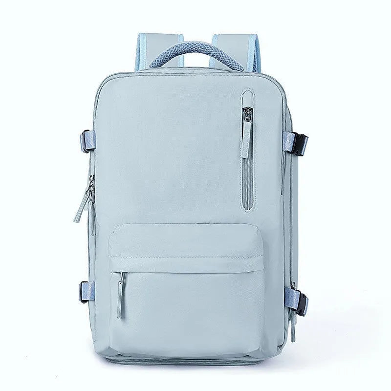 Large black nylon mummy-style travel backpack with a waterproof lining.