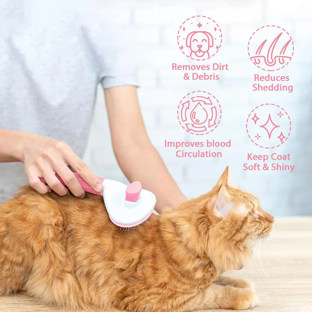 Blue cat grooming brush with release button for removing loose fur and tangles