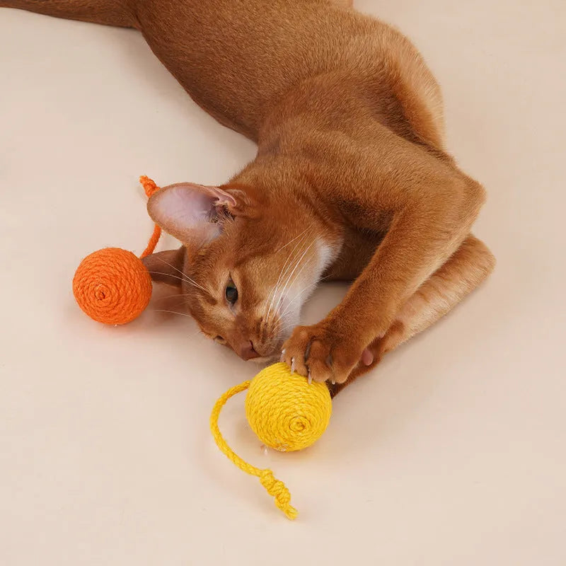 Cat teaser stick toy set with wand and three colourful catnip balls on blue background
