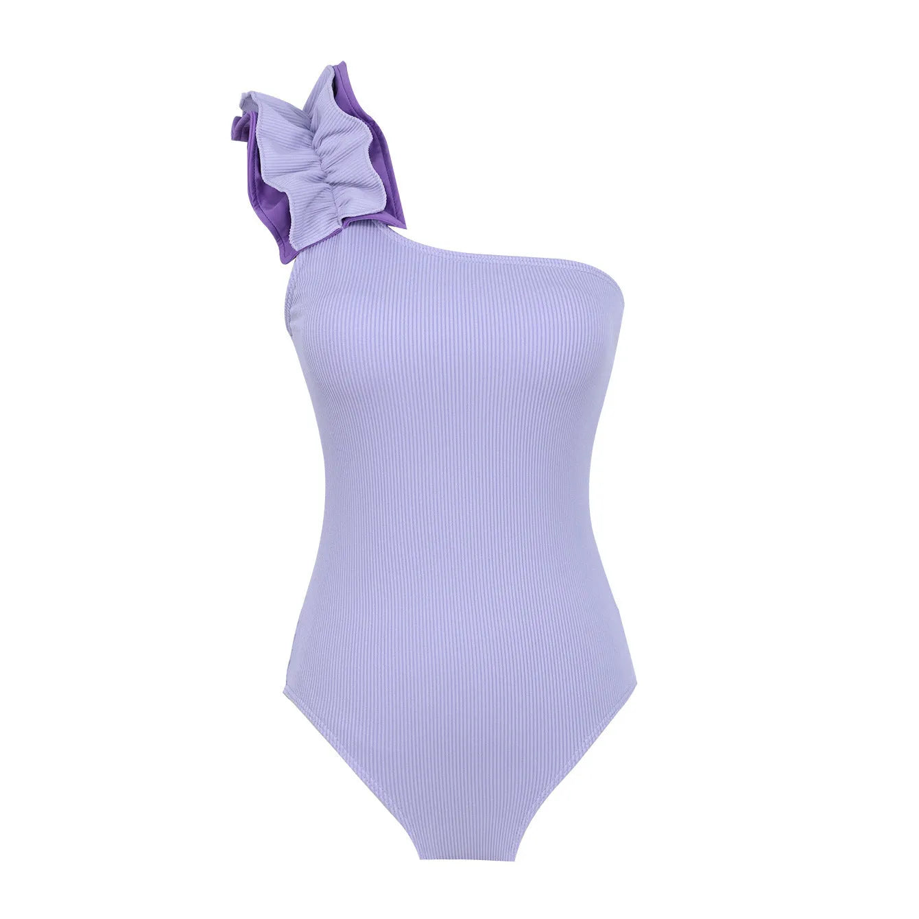 Women's single-shoulder suspender tube top one-piece swimsuit in solid colour with high-waist design
