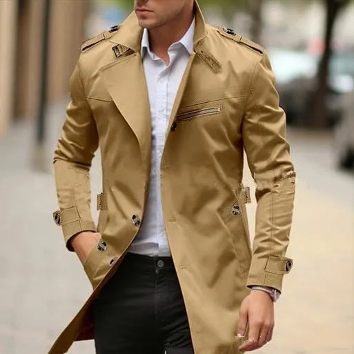 Men's mid-length lapel casual jacket in army green colour with side seam pockets.