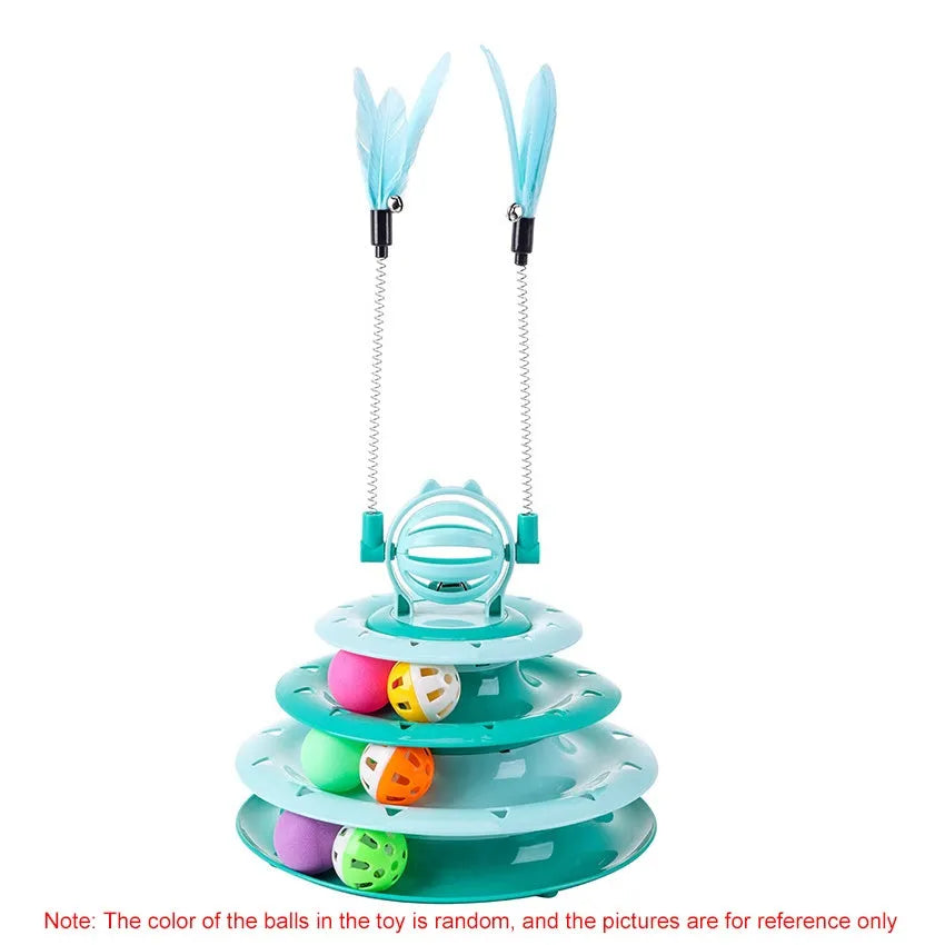 Blue 4-tier interactive cat carousel toy with coloured balls and teasing rods