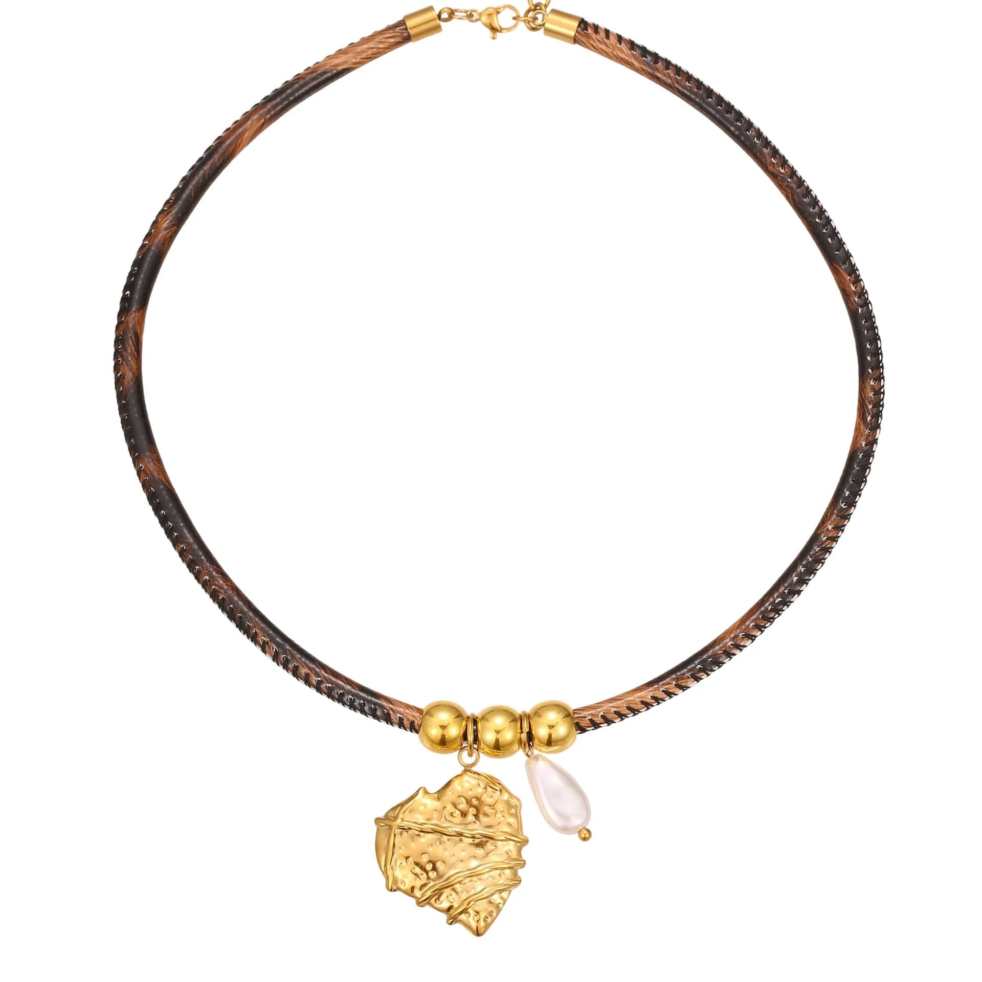 Geometric leopard print pendant on a gold-toned stainless steel necklace for women.