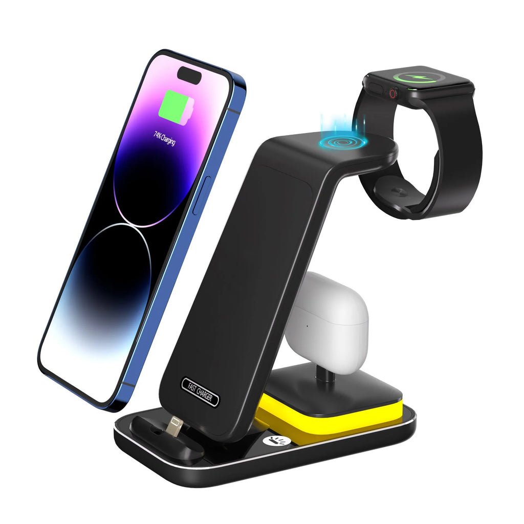 Black and white vertical wireless charging station for mobile phone, Apple Watch and headphones