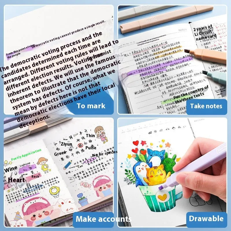 Set of double tipped fluorescent marker pens in assorted colours for highlighting and writing.