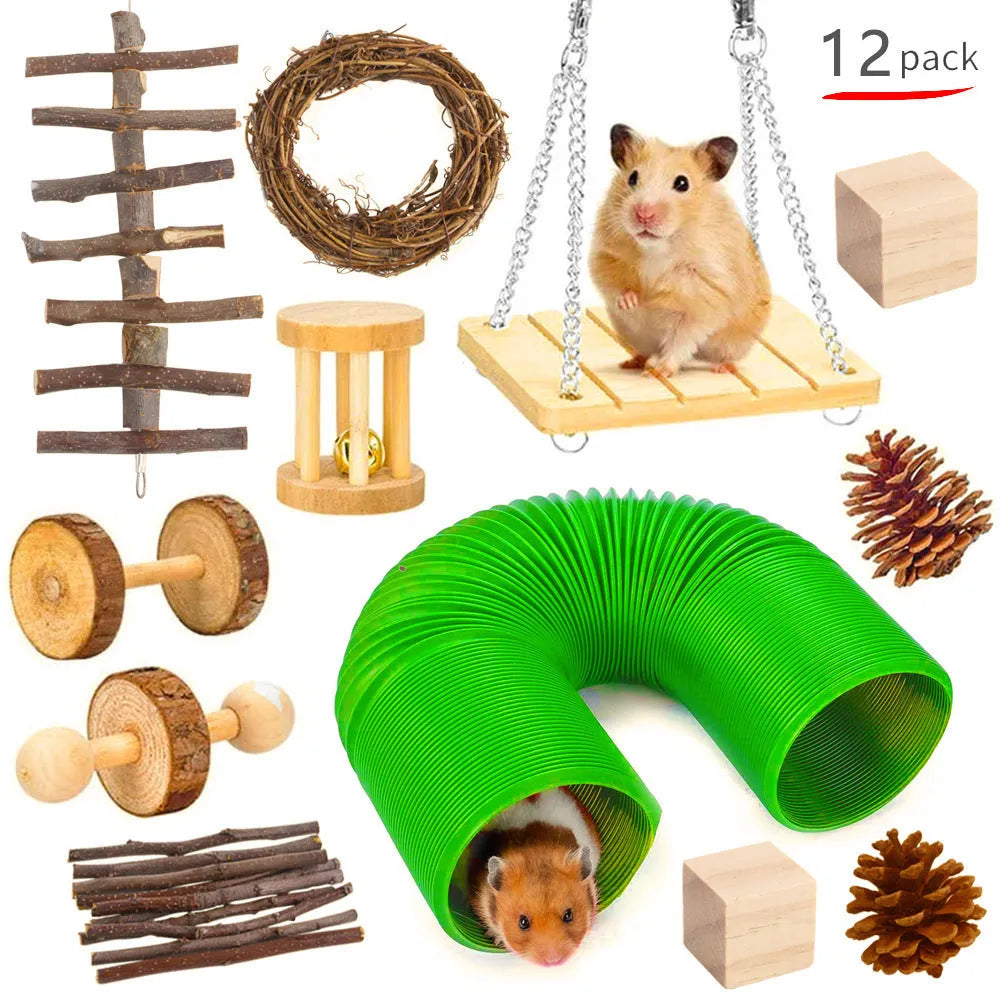 Wooden pet toy set combination for rabbits guinea pigs parrots with various enrichment items