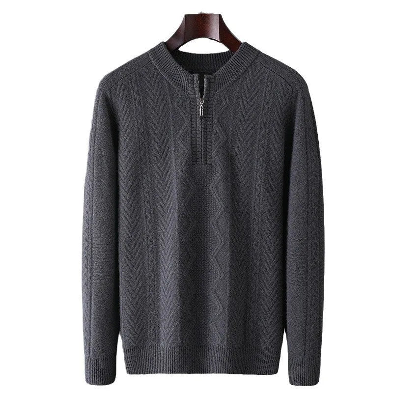 Men's pure wool diamond lattice half-zip sweater in loose fit with long sleeves