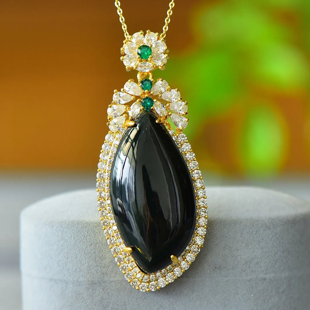 Flat natural Hetian Jade pendant with copper inlay design on a necklace chain