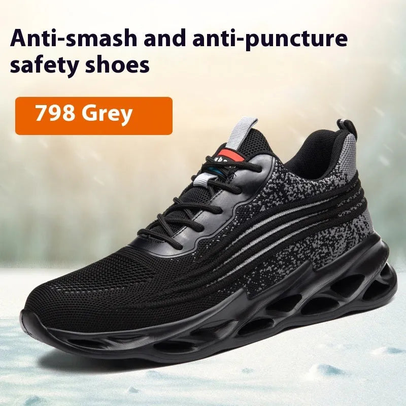 Brown leather anti-smash lightweight safety work shoes with a rubber sole on a grey background