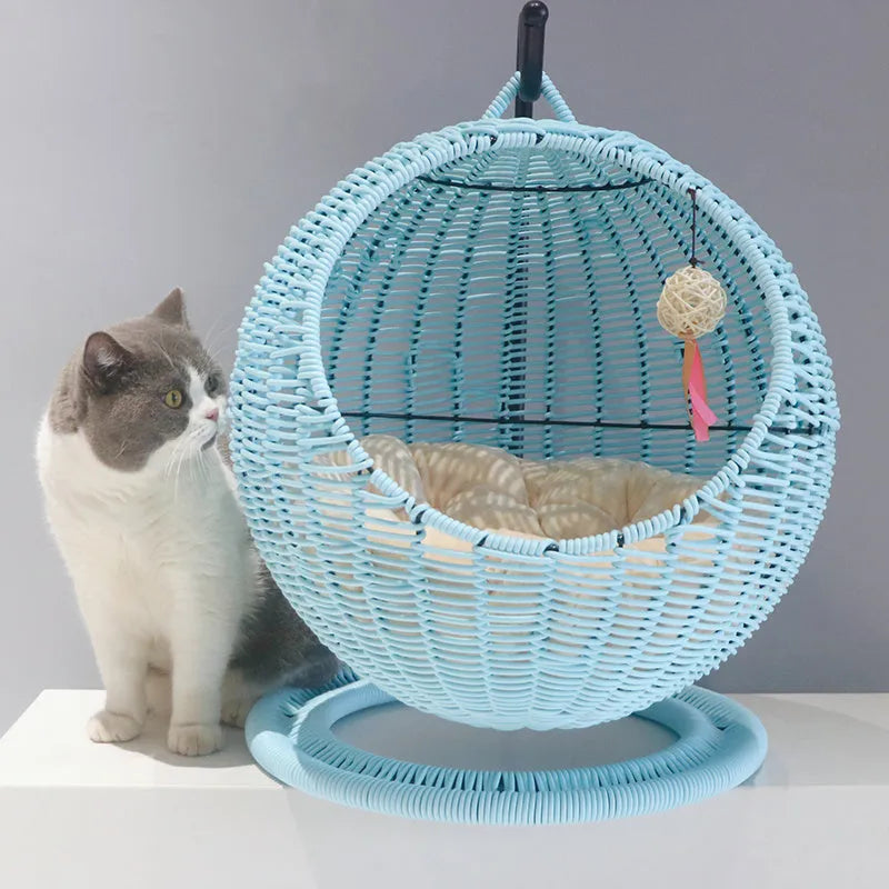 Rattan cat nest hanging basket semi-closed large size natural colour woven from PP rattan and seaweed