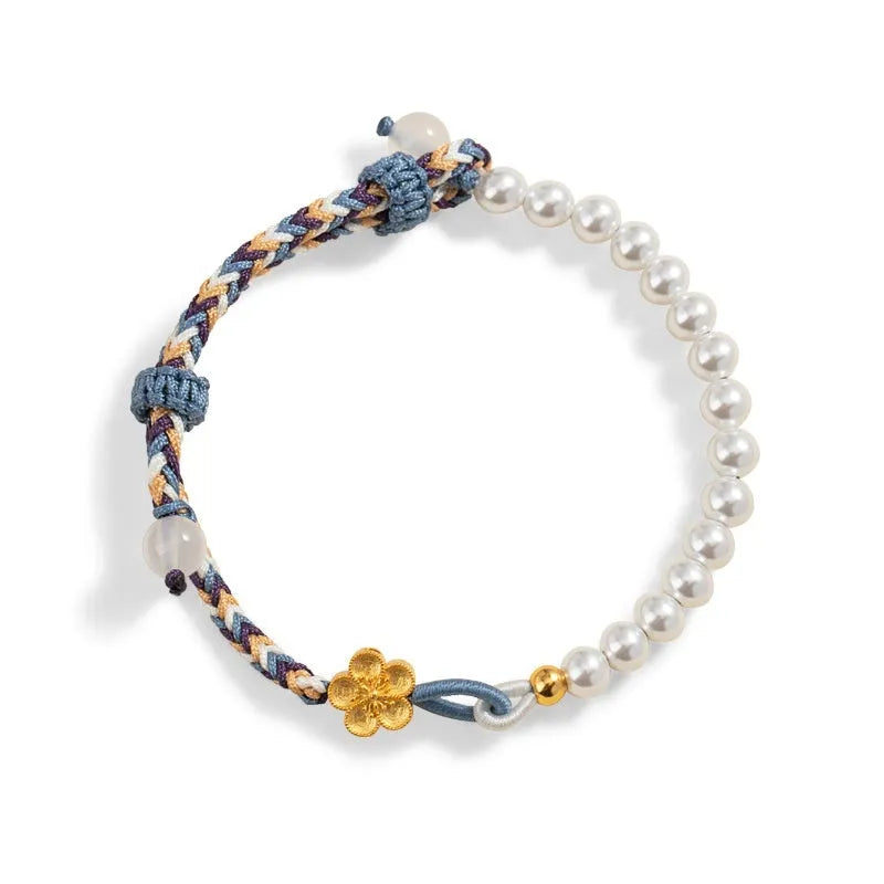 Colourful carrying strap bracelet with Chinese flower weaving and pearls in peach colour