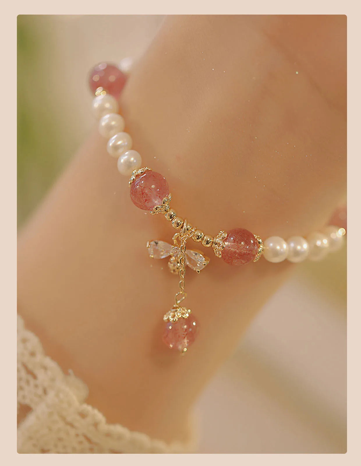 Strawberry quartz crystal bracelet with bow detail and stringed pearls for women