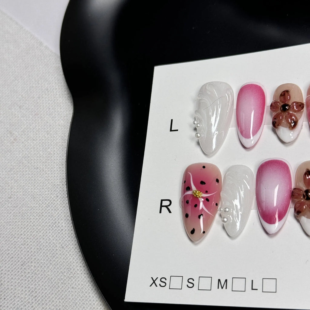 Hand-painted three-dimensional carved nail beauty patch in almond shape with embossed pattern