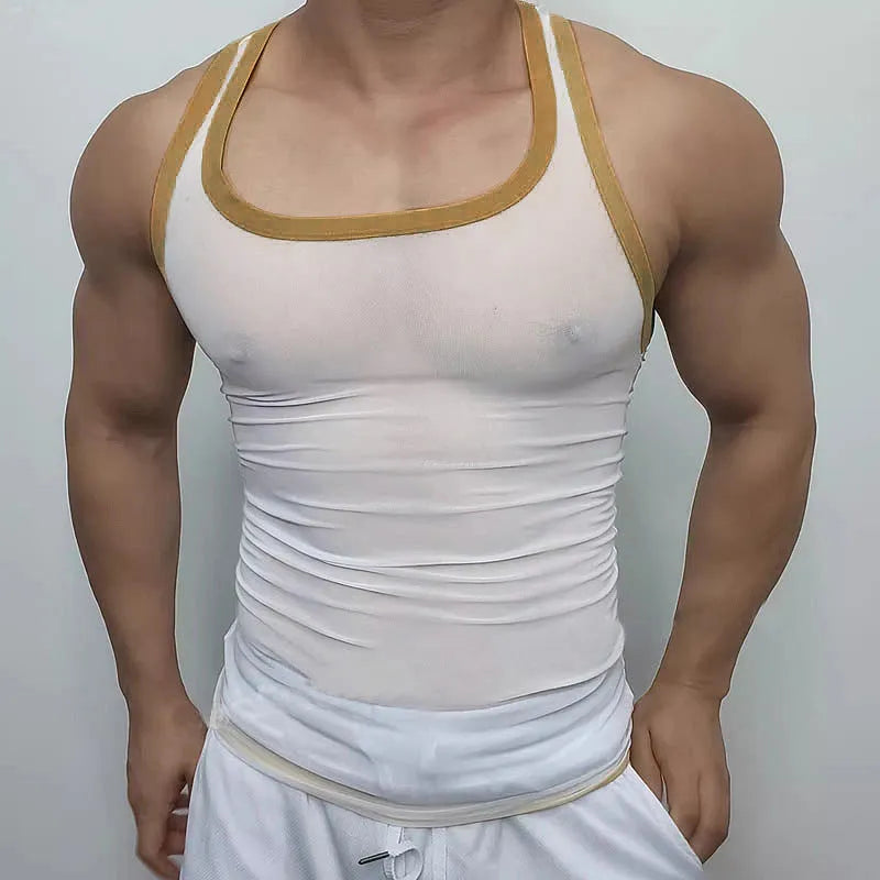 Men's tight mesh fitness vest in solid white or black colour with straight hem design