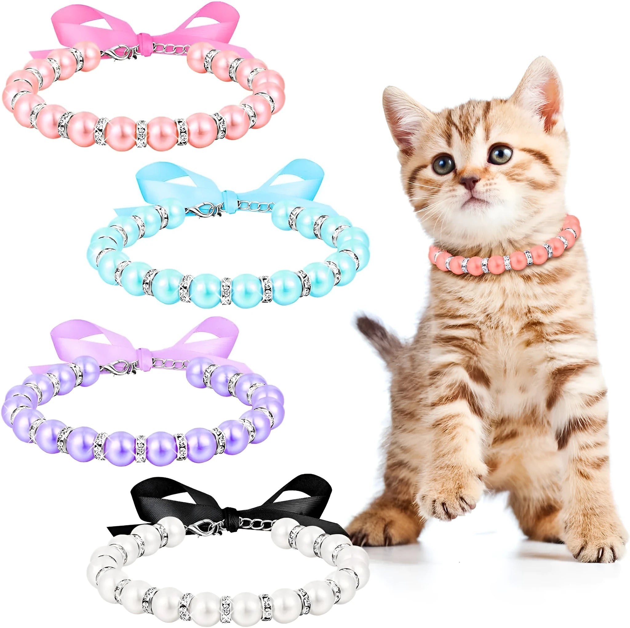 Adjustable blue pearl and rhinestone dog necklace collar with ribbon bow on a small dog.
