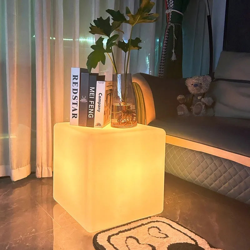 Square LED cube light stool with modern design for outdoor garden or patio use
