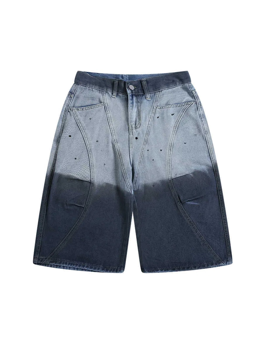 Blue tie-dye gradient washed cropped jeans with loose fit and mid waist