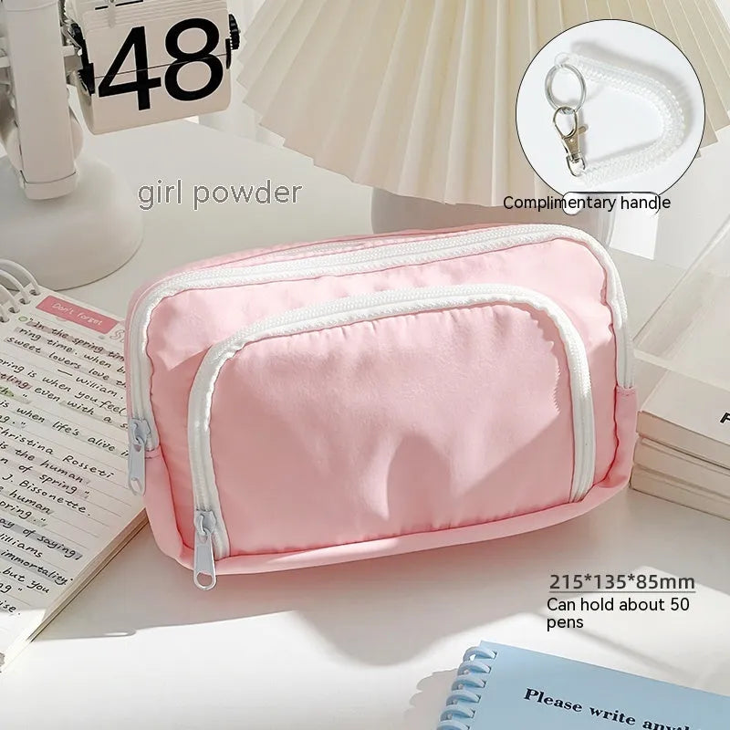 Double layer pencil case with transparent pouch and gift handle in solid colour options