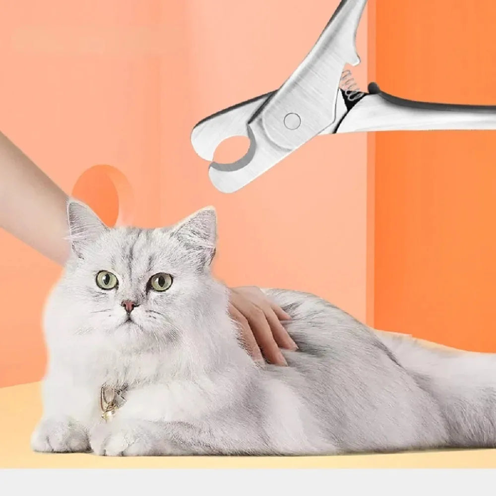 Silver professional stainless steel pet nail clipper with safety guard for dog and cat grooming.