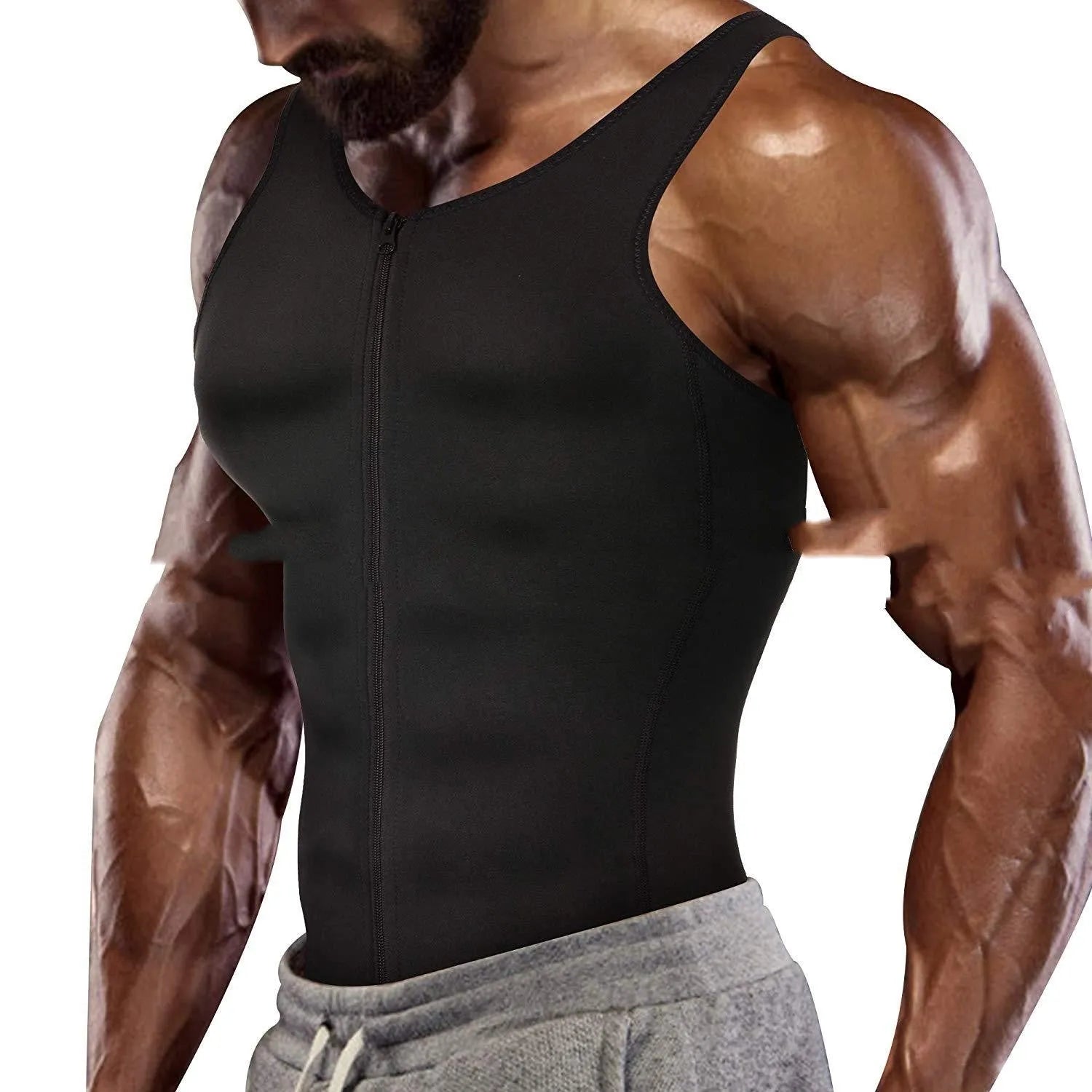 Men's black body shaper zipper vest with lumbar support and belly contraction seamless design