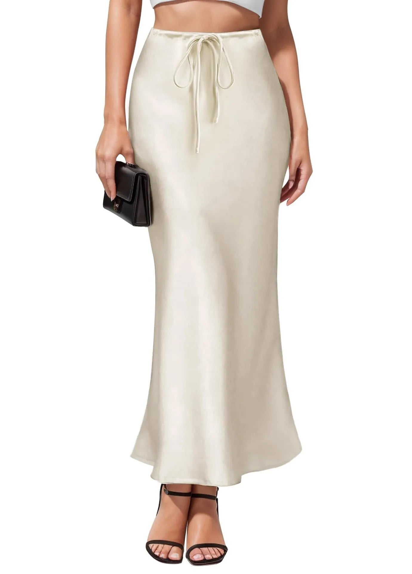 Acetate satin asymmetric skirt with irregular stitching in high-waist design, showing colour options