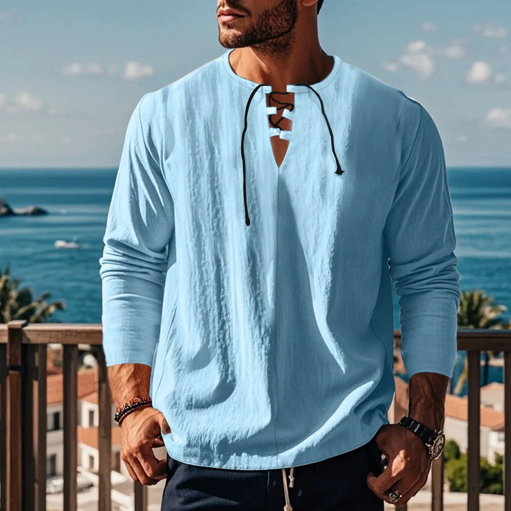 Solid colour cotton linen beach ruff shirt loose pullover style