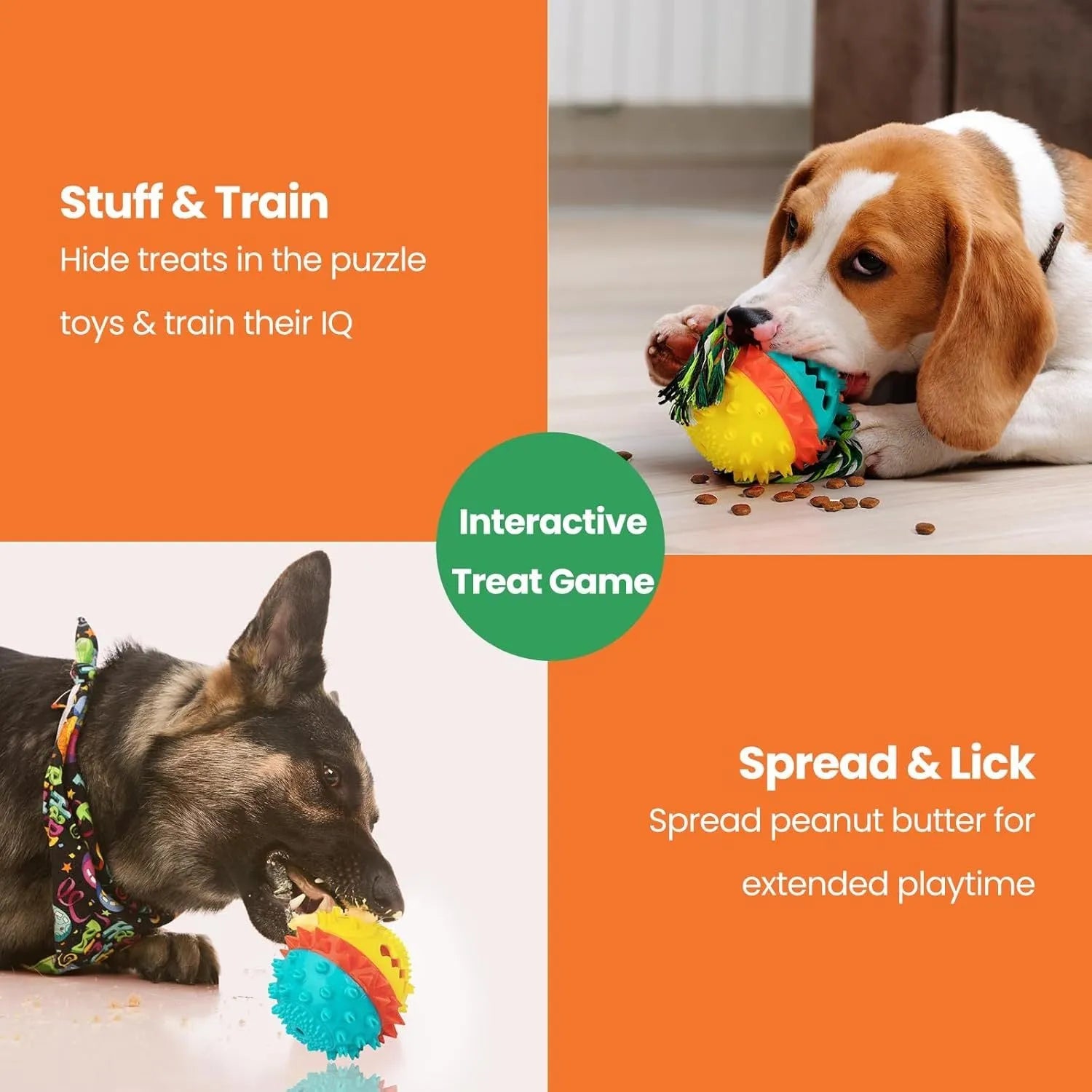 Blue and red TPR rubber dog chew toy with dental bumps, squeaker, and treat dispenser hole.