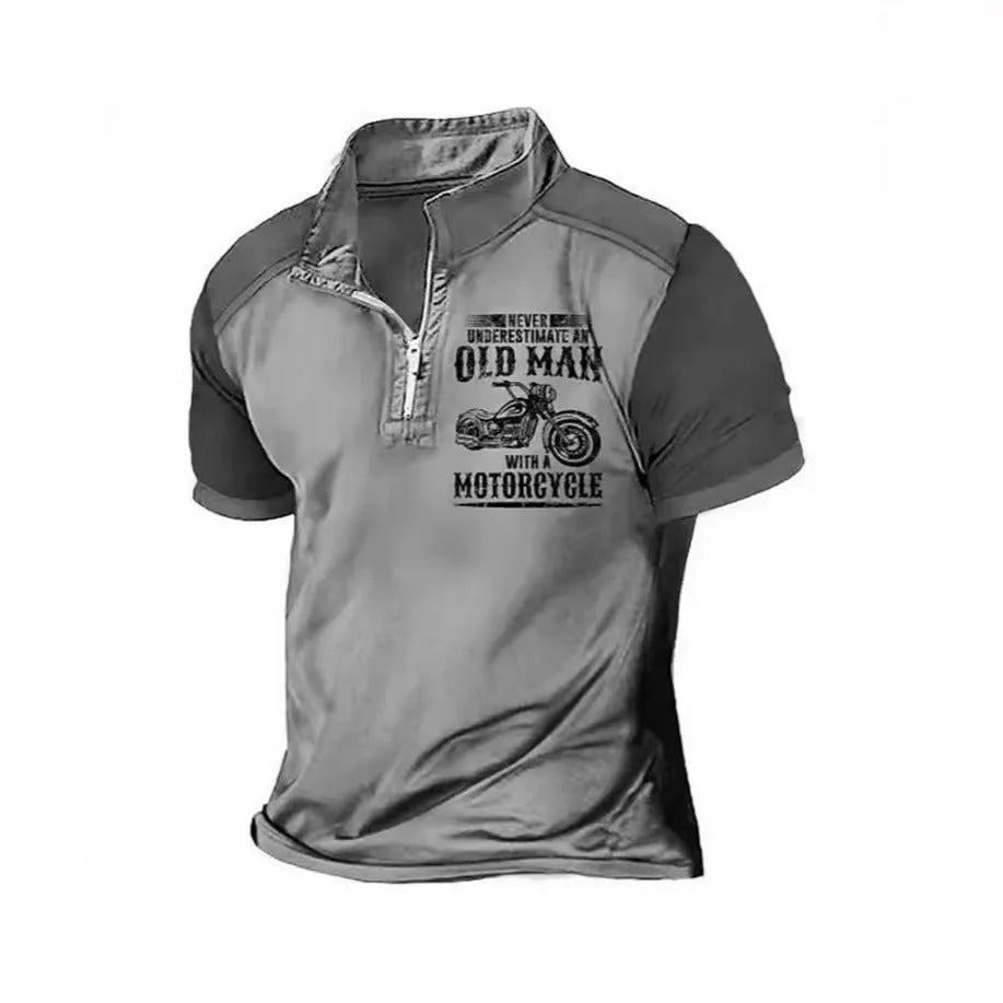 Men's casual polo shirt with a lapel collar and digital printed design on the front.