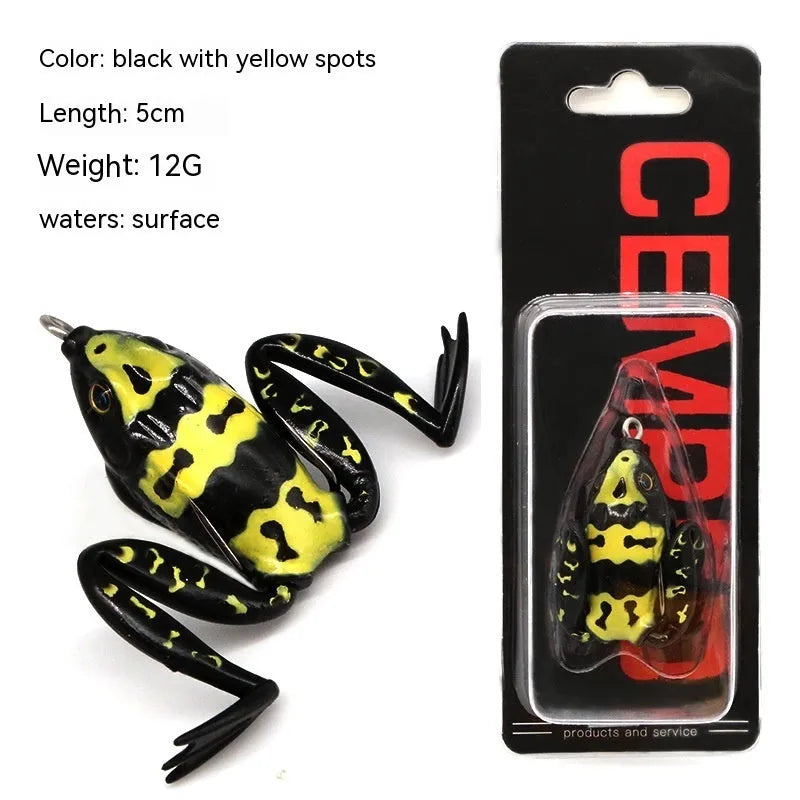Bionic Real Thunder Frog Snake Head fishing lure with double hooks in grass green and black yellow dots colours