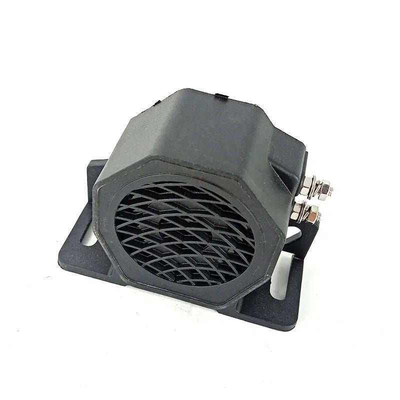 Black GQ-208A 12-80V reversing buzzer horn for vehicle safety alerts.
