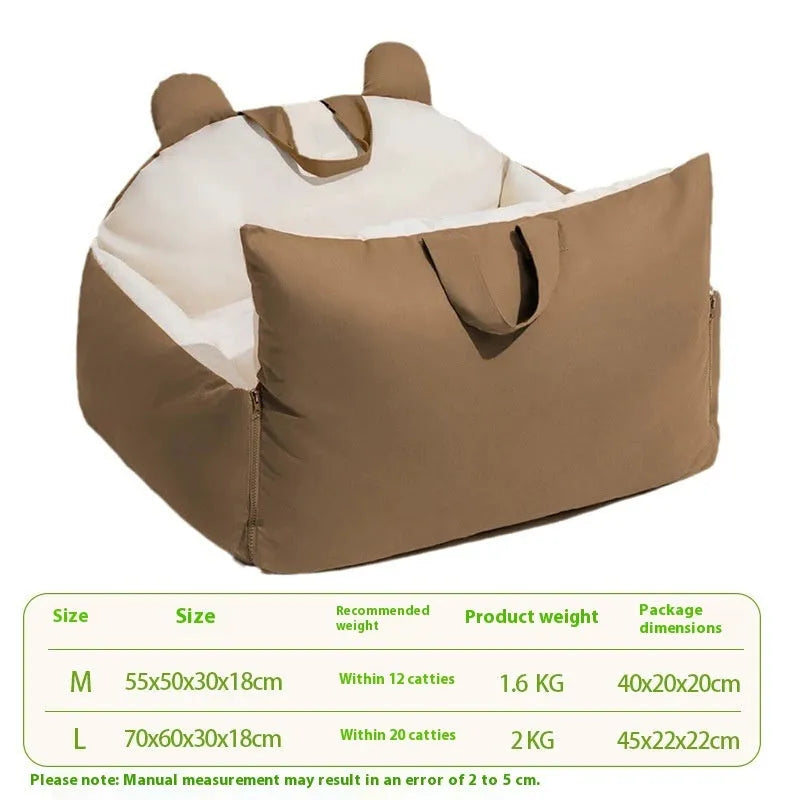 Universal removable washable dog car kennel in blue beige colour, shown in L size 70x60x30cm