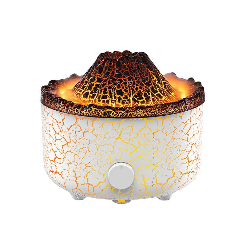 Volcano humidifier with LED lights and mist creating a fiery flame effect, column-shaped plastic body on a table