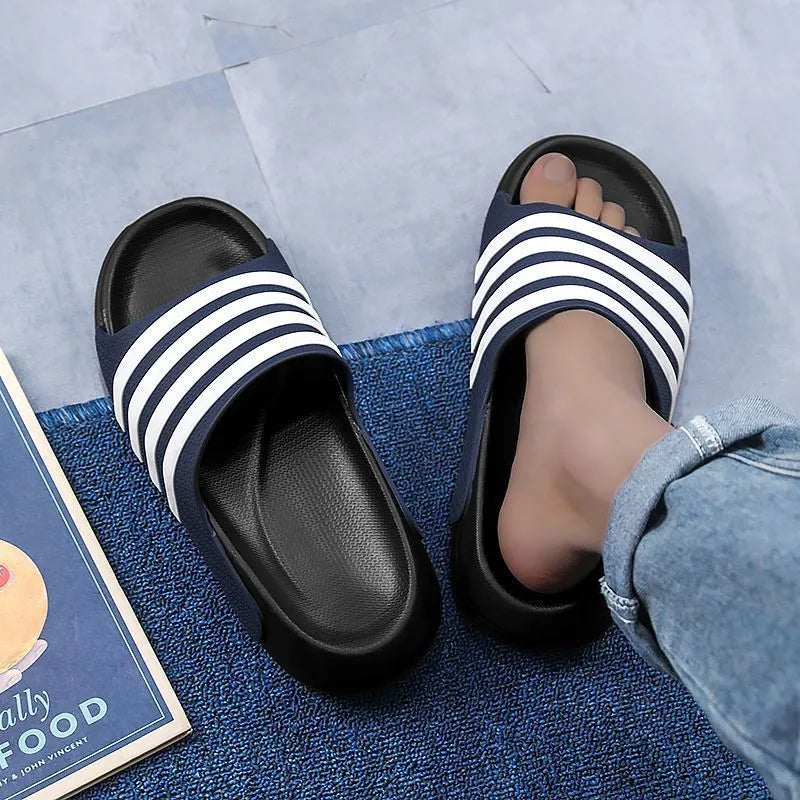 Casual EVA slippers with PVC upper in beige, black and white, blue and white, and green colour options