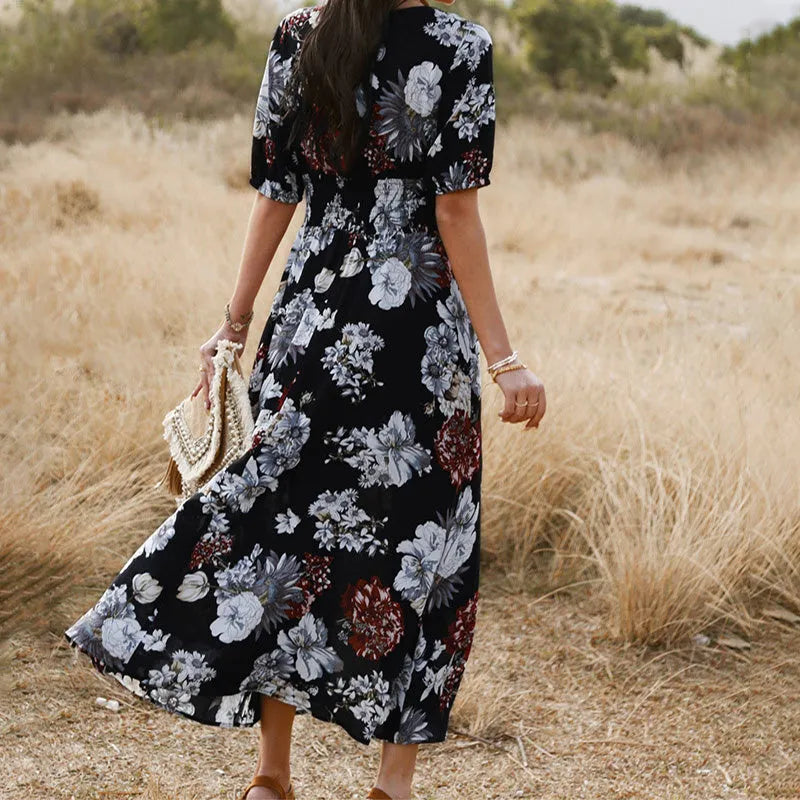 Women's floral summer dress with V neck and elastic waist in yellow colour