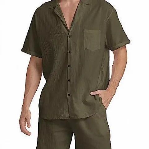 Men's flax linen short-sleeved top and matching shorts set in army green on a hanger.