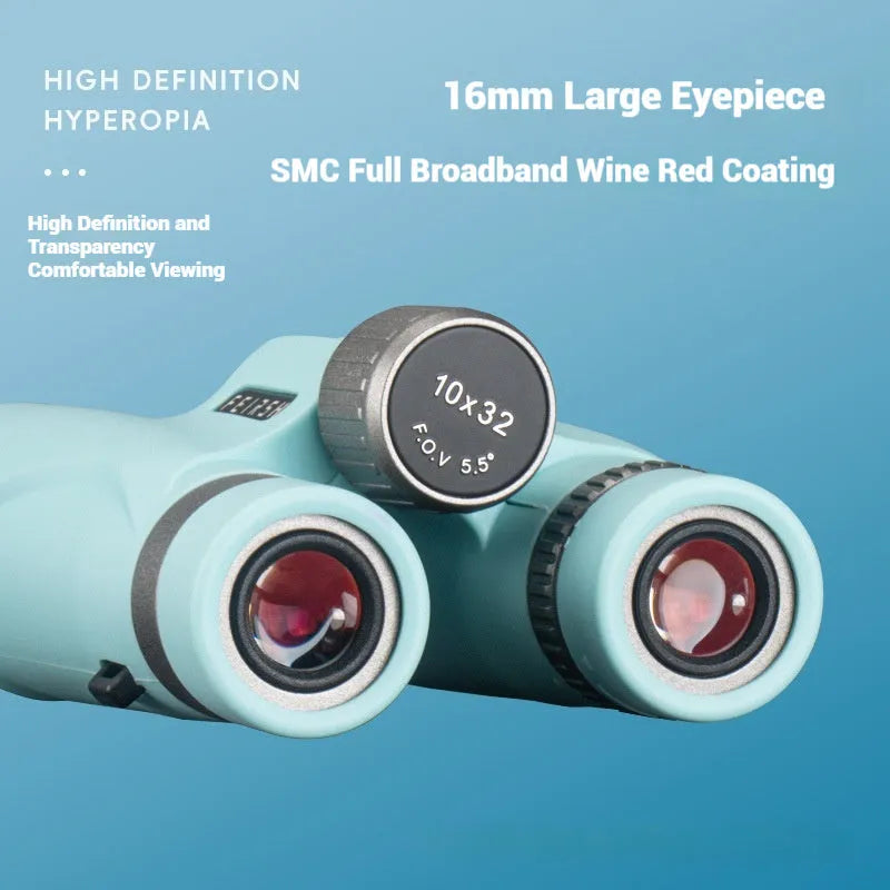 10x32 wine red film binoculars in grey or blue colour, showing compact design and large objective lenses.