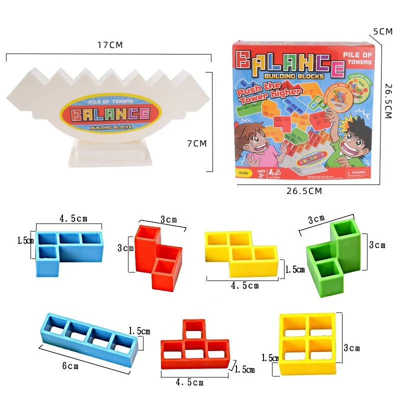 Colourful plastic balance stacking game with 16 blocks, chassis and base for family play