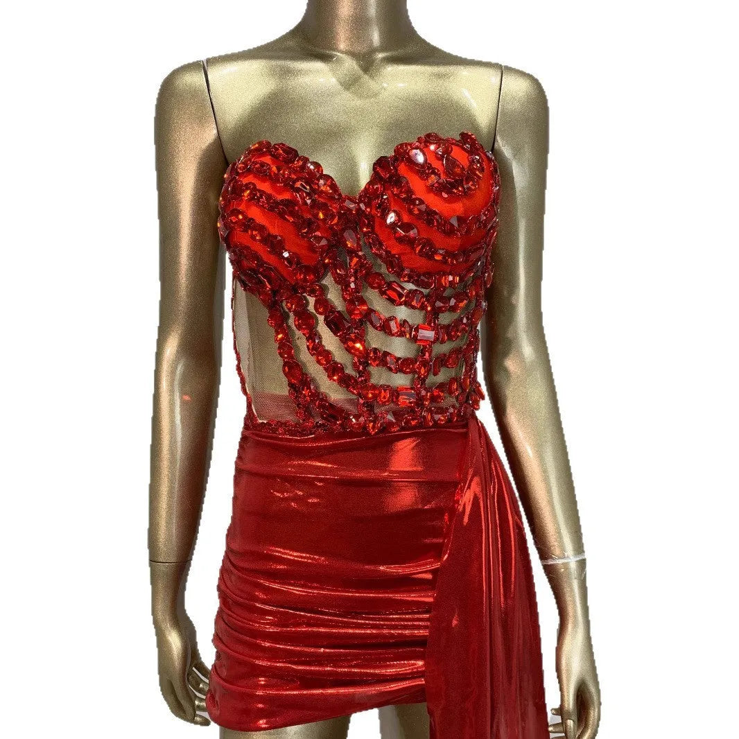 Red see-through mesh women's stage skirt suit costume for parties and performances