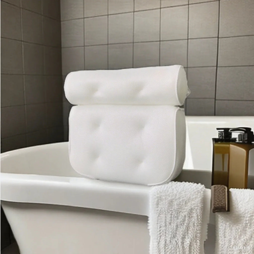 White 4d mesh bath pillow with 7 suction cups, measuring 37x34x10cm