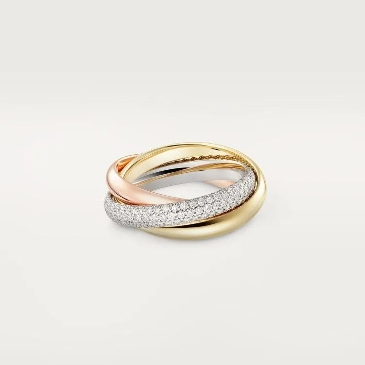 Silver couple rings showing full diamond setting and plain band options on a ring box.