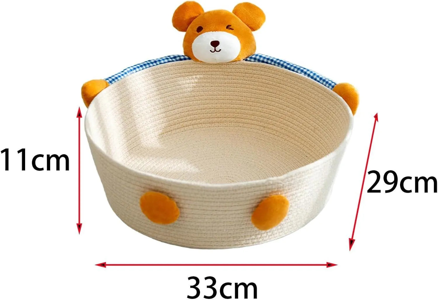 Woven cotton rope cat bed basket with scratching pad in bear design, shown next to a cat.