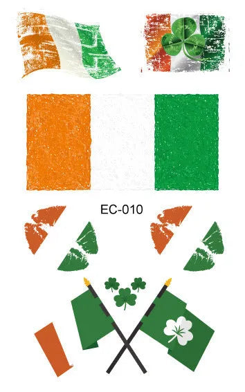 Water transfer tattoo sticker paper with Irish flag shamrock design measuring 120×75mm