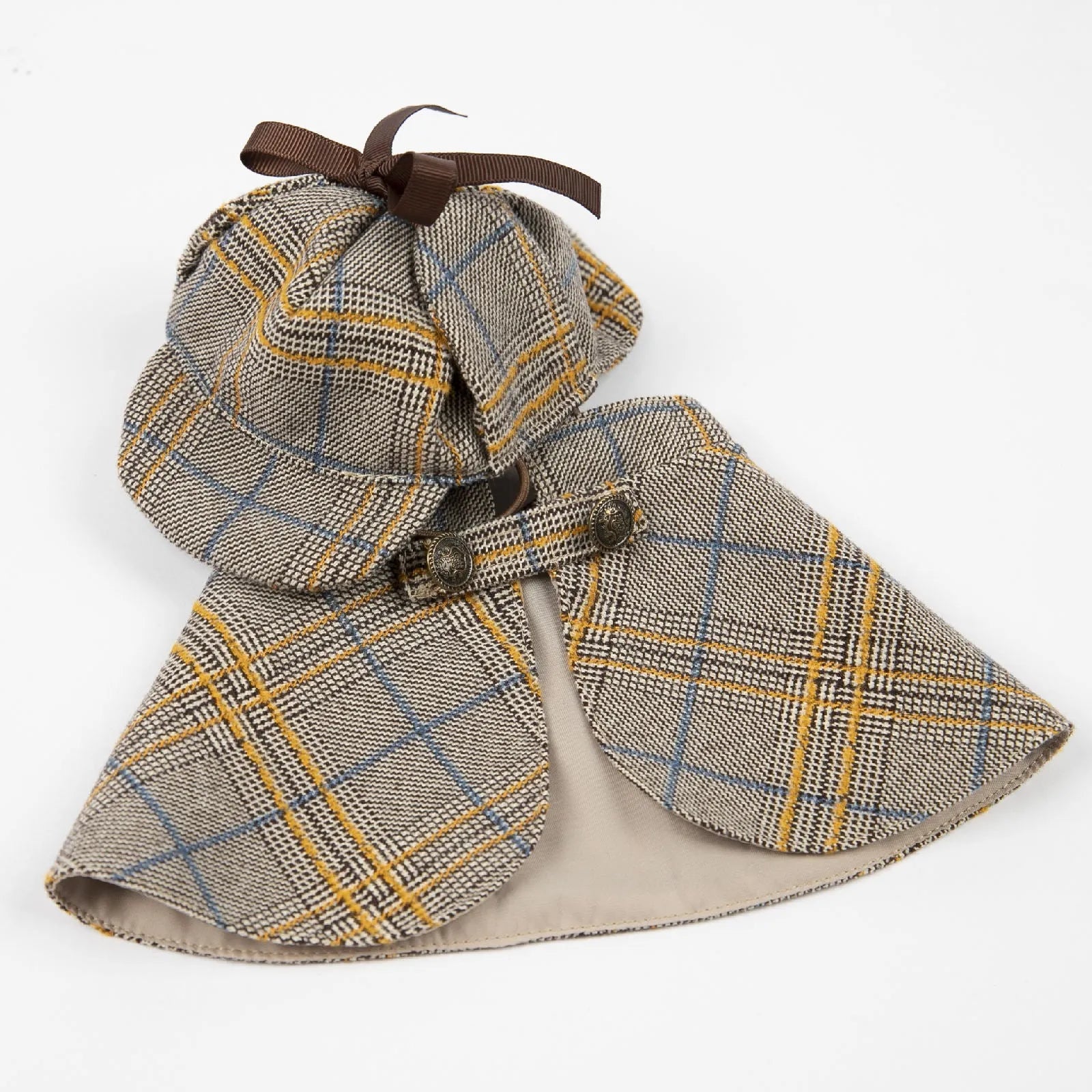 Camel coloured cotton pet cloak with adjustable hood shown in personalised spring and autumn pet clothing